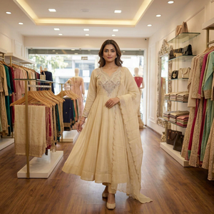 <b>Women</b> Traditional Indian Pakistani Ankle-Length Wedding Dress Loose Fit Stretchable Beige Embroidered <b>Kurta</b> Set - Product Image 1