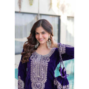 Ensemble 3 pièces décontracté pour femme en velours brodé Zari avec pantalon et Batwa - Product Image 1