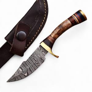 Cuchillo EDC de Camping Personalizable con Mango de Cuerno de Ciervo, Bolster de Latón/Madera Pakka y Acero de Damasco, Soporte OEM/ODM, Punta de Gota, Venta al por Mayor - Product Image 1