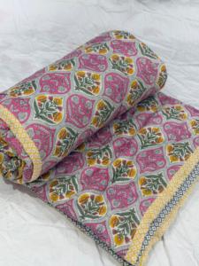 Premium Jaipuri Pure Malmal Dohar Pink Floral Block Print Mulmul Cotton Summer <b>Quilt</b> <b>Bedding</b> Fabric - Product Image 5