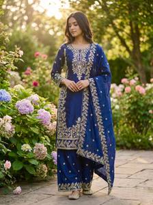Pure GMY Silk Embroidered <b>Kurti</b> with Heavy Sequence Work Full Sleeves Matching Fully Stitched Plazzo and Lace Border Dupatta Set - Product Image 3