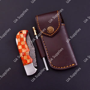 Cuchillo Plegable de Acero de Damasco Hecho a Mano, Punta Recta, Grado Industrial, para Caza, Camping, Uso Diario, con Funda de Cuero - Product Image 5