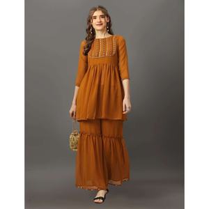 TOP DE TRABAJO BORDADO GEORGETTE DE DISEÑADOR CON SHARARA AMARILLO OSCURO - Product Image 1