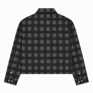 Chemise en flanelle à carreaux brodée style streetwear pour hommes et femmes, coupe oversize vintage en coton noir et gris, manches longues, style gothique décontracté - Product Image 3