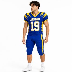 Uniforme de football américain pour hommes LANEX IMPEX de qualité supérieure LI-AFU-30, ensemble maillot et pantalon bleu et jaune avec impression par sublimation, numéro 19 - Product Image 1