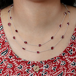 925 Sterling Silver Garnet <b>Necklace</b> Bezel Set Pear Cut Red Gemstone Station <b>Long</b> Layering Chain Jewelry Wholesale - Product Image 1