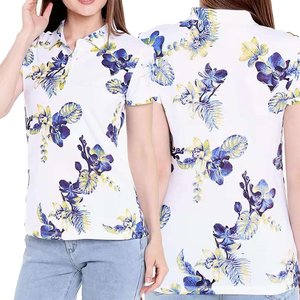 เสื้อโปโลพิมพ์ลายดอกไม้สำหรับผู้หญิง แขนสั้น สไตล์ลำลอง ผ้าทอ สีขาว ลายสีน้ำเงินเหลือง - Product Image 4