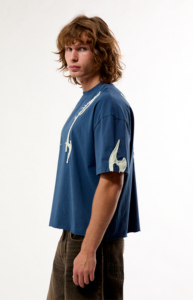 Blue Regular Fit T-Shirt with White Short Sleeve <b>Turtleneck</b> Front Logo Casual Jersey Cotton Breathable Hip Hop Street Style - Product Image 4