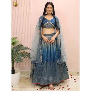 Dazzling Blue Chinon <b>Sequin</b> <b>Party</b> Wear Lehenga Choli - Product Image 3