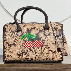 Sac de voyage de luxe en cuir véritable turquoise à carreaux cerise, grande capacité, pour week-end et voyage rapide - Product Image 2