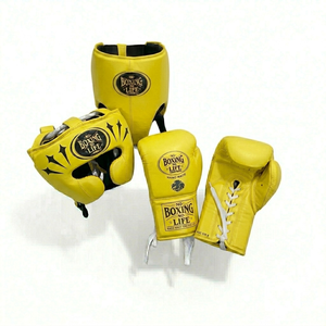 Premium Leather Boxing Gloves with Matching <b>Head</b> Guard Set for <b>Training</b> Sparring and Fitness Workouts - Product Image 2