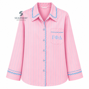 Ensemble de pyjama rayé pour femmes Gamma Phi Delta, pyjama à manches longues boutonné sur le devant, pyjama de détente avec bordure contrastée et pantalon à cordon de serrage - Product Image 2