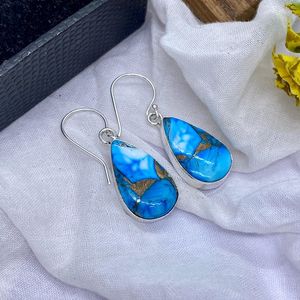 Boucles d'oreilles pendantes en cuivre naturel et turquoise, en argent sterling 925, faites à la main, bijoux fantaisie avec pierres précieuses, cadeau - Product Image 6