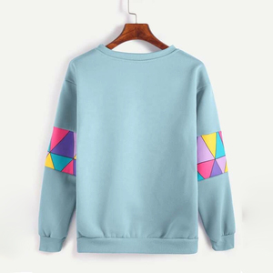 Custom Women Long Sleeve Patchwork Sweatshirt Light Blue Crewneck Pullover Oversized Casual Fleece Apparel Tops - Product Image 3