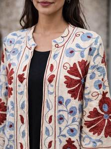 Kimono long en coton tissé brodé de fleurs, style Prairie Chic pour femmes, manches trois quarts, col rond, vêtement d'été - Product Image 3