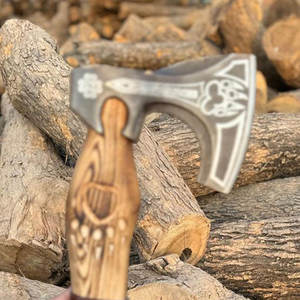 Handmade Industrial Grade Viking <b>Axe</b> Engraved Nordic Head Carbon Steel Blade Wooden Leather Wrap Inspired Scandinavian Heritage - Product Image 3