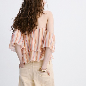 เสื้อผู้หญิงลายทางเปิดไหล่ แขนระบายเป็นชั้นๆ ผ้าชีฟองสีพาสเทล เสื้อกล้าม ผู้ผลิตเสื้อผ้า - Product Image 2