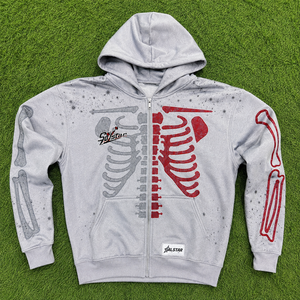 SALSTAR Men's Gray Hooded Zip-Up Sweatshirt <b>Skeleton</b> Print Fleece Casual Winter Streetwear - Product Image 6