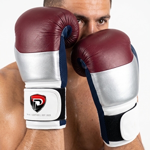 Dumela International <b>16</b> <b>Oz</b> Leather <b>Boxing</b> <b>Gloves</b> Red Blue Black Yellow Professional Training Gear Logo Design - Product Image 3