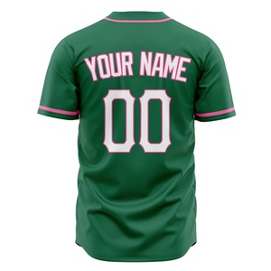 Camiseta de béisbol verde personalizada con ribete rosa, estampado sublimado con el nombre del equipo, 00, con botones, manga corta, para clubes y equipos. - Product Image 3