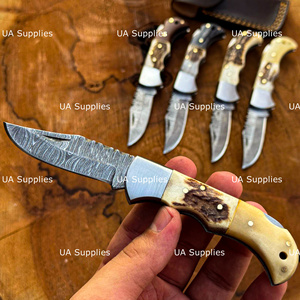 Cuchillo Plegable de Acero de Damasco Hecho a Mano con Bloqueo Trasero, Mango de Cuerno de Ciervo Genuino, para Bolsillo, EDC, Caza, Grado Industrial, OEM Bienvenida - Product Image 4