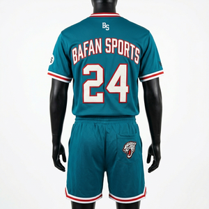 Ensemble t-shirt et short sans manches pour homme, polyester doux 180 GSM, bleu turquoise et blanc, logo brodé - Product Image 3