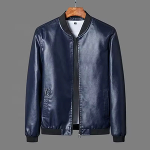 Chaqueta de Cuero Estilo Bomber para Hombre, Color Azul Marino, Cuello Alto, Cierre de Cremallera, Corte Regular, Estilo Motociclista, Color Sólido, para Otoño - Product Image 5