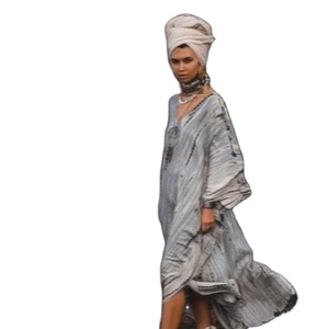 Kaftan gris clair long jusqu'au sol 100% coton col en V manches longues silhouette trapèze grande taille coupe ample imprimé design vintage - Product Image 1