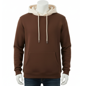 Sudadera con capucha para hombre de dos tonos, color marrón con contraste crema, estilo streetwear. - Product Image 1