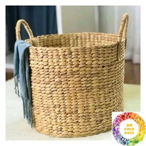 Panier de rangement rond en jacinthe d'eau avec poignées, fait main en fibres naturelles, organisateur pour étagères, armoires et placards - Product Image 6