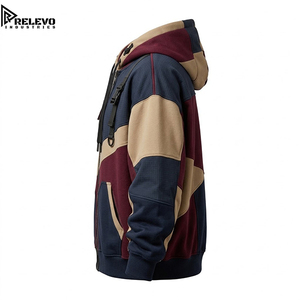 OEM <b>Men</b> Oversized <b>Burgundy</b> Maroon & Navy Tactical Full-Zip Heavyweight <b>Hoodie</b>, Geometric Colorblock Techwear <b>Hoodie</b> - Product Image 3