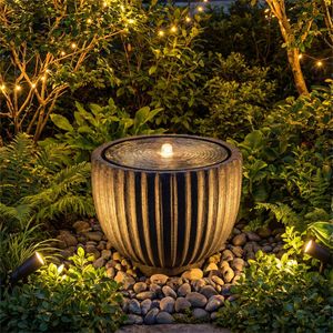 Fontana d'Acqua Sferica in Pietra Grigia da 17,5 Pollici con Design Moderno e 6 Luci LED per Interni ed Esterni - Product Image 1