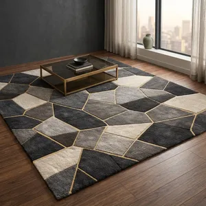 Tapis rectangulaire moderne en laine, motif abstrait noir et or, poils moyens, tufté, lavable, antidérapant, avec envers fin en polypropylène - Product Image 3