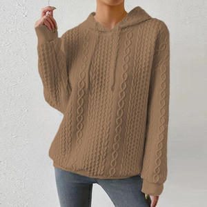 Women's Red Knitted Hooded <b>Sweater</b> Oversized Long Sleeve Winter Pullover Solid Color <b>Cable</b> <b>Knit</b> Design - Product Image 6
