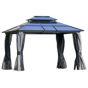 Elegante Gazebo 10x12 con Tetto Rigido, Struttura in Alluminio, Tetto in Policarbonato a 2 Livelli, Tende e Rete Grigia per Giardino, Patio, Cortile, Dimensioni 3x4 - Product Image 1