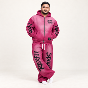 Ensemble de survêtement unisexe rose délavé avec veste zippée imprimée et pantalon large, streetwear personnalisé pour homme, collection automne - Product Image 1