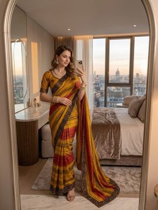 Soft Chiffon <b>Silk</b> Saree with Sequence Embroidery Border & Stitched Mono <b>Silk</b> Blouse Classic Embroidery Saree Graceful Party Wear - Product Image 2