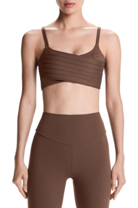 Women's Brown Seamless Twist Sports Bra With Crisscross Straps Medium Support Yoga <b>Top</b> Solid Color Front Logo - Product Image 6