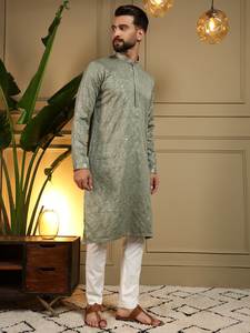 Pyjama Kurta en coton Khadi lourd de qualité supérieure pour homme Vantara avec broderie ethnique et travail au miroir, et Chudidar semi-coton pour tenue de mariage - Product Image 3