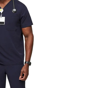 Haut de blouse bleu marine à col en V et manches courtes pour homme avec poche poitrine – Uniforme d'hôpital - Product Image 3