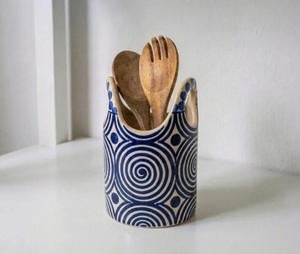 Hand Painted Stoneware <b>Utensil</b> <b>Holder</b> Spiral Pattern Cut Rim Design Durable Heat Resistant <b>Kitchen</b> Counter Storage Organizer - Product Image 3