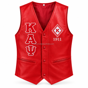 Gilet personnalisé rouge en cuir PU pour homme, col en V, style motard, broderie avant et arrière, lettres grecques, pour fraternité et sororité, vente en gros OEM - Product Image 1