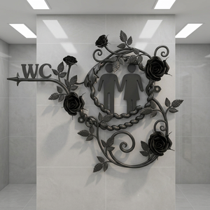 Panneau WC en fer forgé au design industriel, indicateur mural floral pour salle de bain avec forme de fleur, support mural métallique pour intérieur de centre commercial - Product Image 4