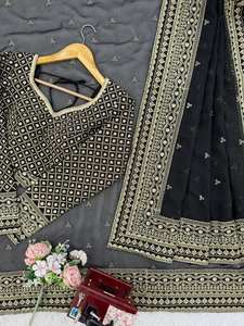Sari Lehenga en Georgette de Soie Vichitra Prêt-à-Porter Haut de Gamme pour Mariage Traditionnel, Diwali, Fête Printanière, Glamour Ethnique - Product Image 6