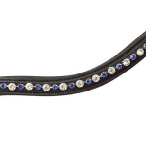 Frontal de cheval en cuir noir rembourré avec logo personnalisé, orné de cristaux transparents bleus et blancs fantaisie et de strass étincelants. - Product Image 4