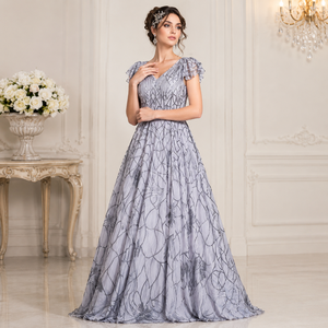 Elegant Blue White Floral Maxi Dress for Women V Neck Flutter Sleeve Long Formal Party Evening Summer Wedding Guest Gown Outfit - Product Image 4