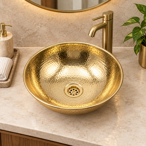 Lavabo de latón martillado redondo de alto brillo, lavabo de encimera dorado para baño, lavabo tipo cuenco para proyectos hoteleros, artículos sanitarios de lujo - Product Image 3