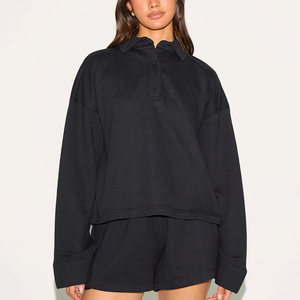 Womens <b>Black</b> Long Sleeve Polo <b>Shirt</b> Knitted Cotton Casual Autumn Wear <b>Button</b> <b>Up</b> Collar Solid Color Regular Fit - Product Image 4