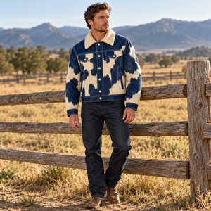Custom Mens Denim Blue <b>Cream</b> <b>Hair</b> On Cowhide Western Jacket <b>Straight</b> Yoke Cowboy Ranch Coat OEM Wholesale Manufacturer Outerwear - Product Image 5