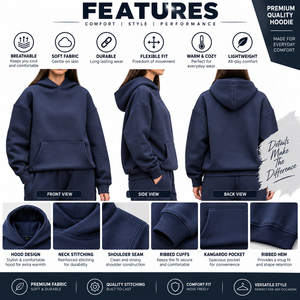 <b>Women's</b> Solid Navy <b>Blue</b> <b>Hoodie</b> Pullover Sweatshirt Drop Shoulder Long Sleeve Casual Top - Product Image 5